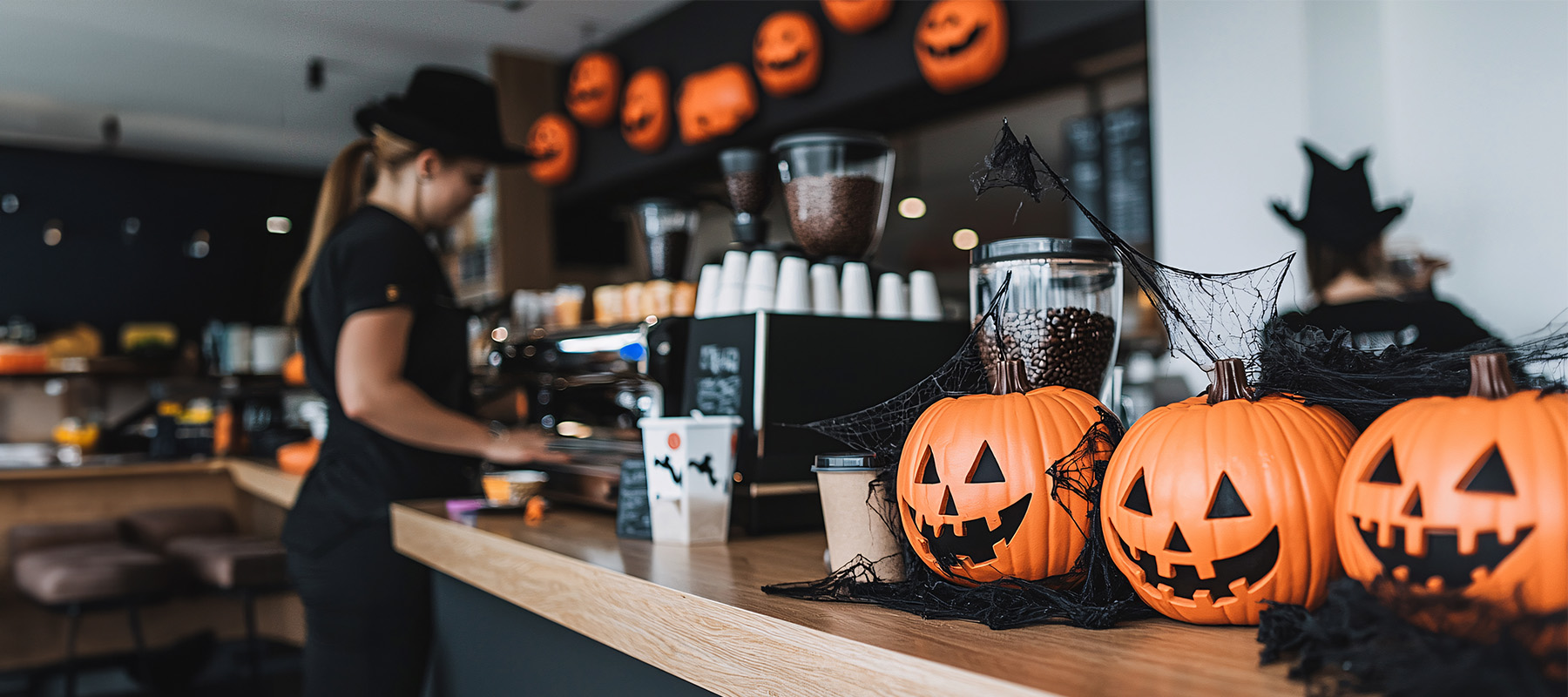 cafetería decorada para cumplir la estrategia de marketing de Halloween